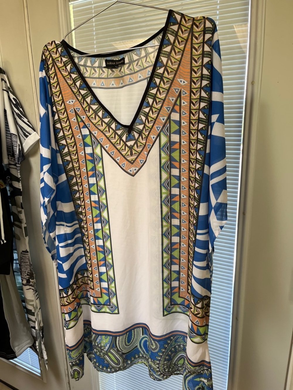 JODIFL Blue White Multicolor Geometric V-Neck Tunic Dress